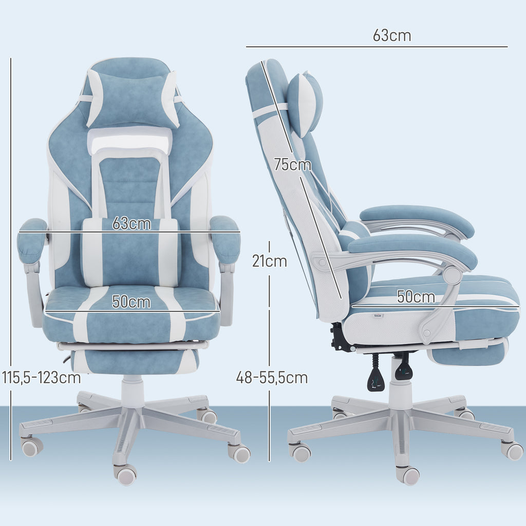 Chaise gaming, fauteuil gaming ergonomique avec repose-pieds, hauteur réglable, dossier inclinable, 63x63x123cm, bleu